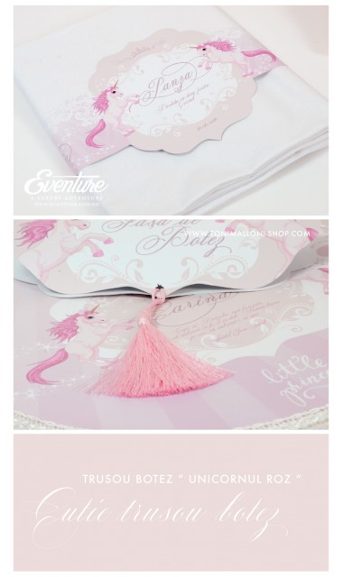 Trusou de botez personalizat si brodat pentru fetite cu unicornii, Povesti cu unicorni 8